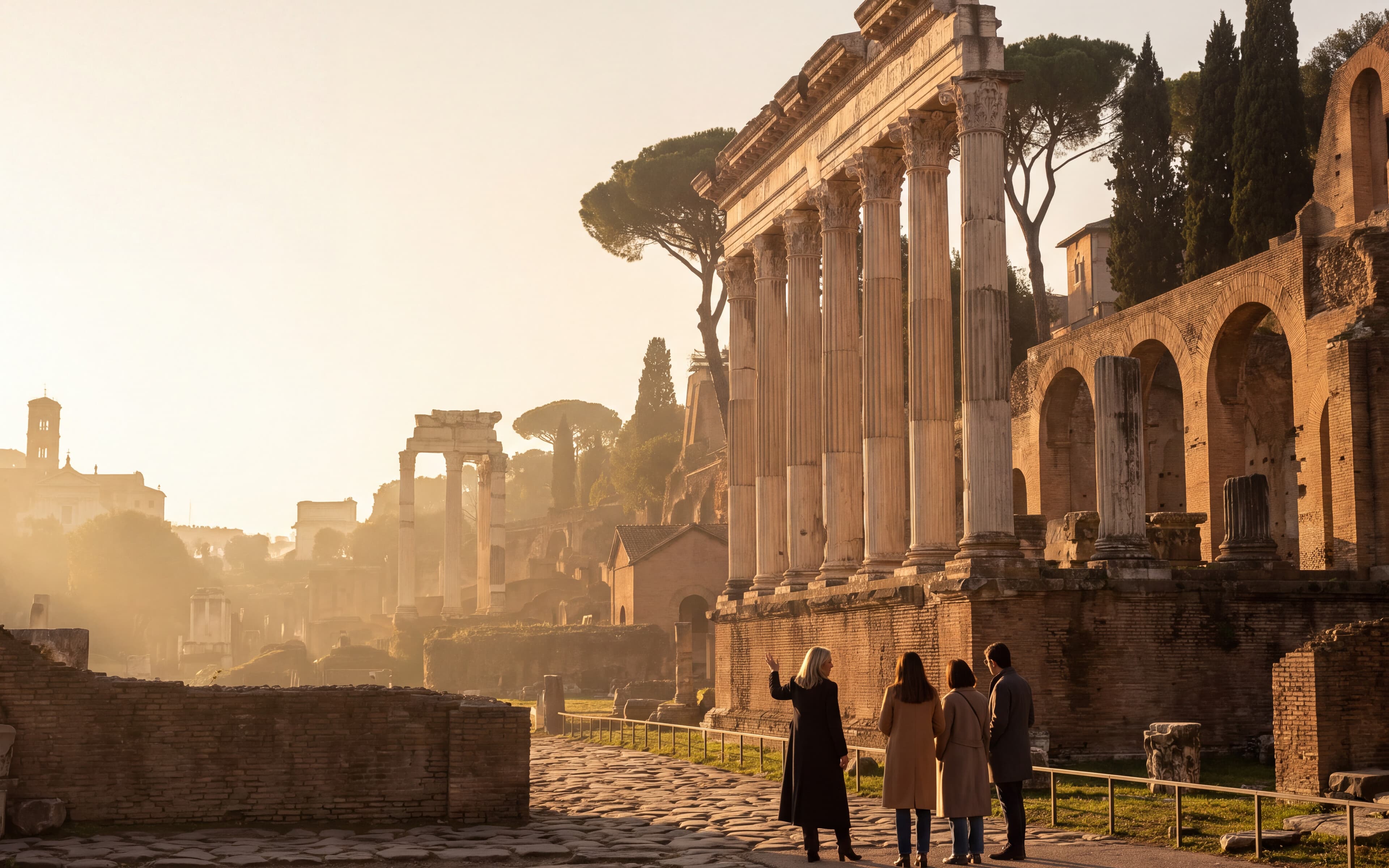 Rome at golden hour, the city's domes and rooftops seen from above